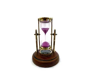 New Antique Brass Sand Timer With Compass On Wooden Base Showpiece For Home Office Gift Hour Glass Customized Sand Timer Clock