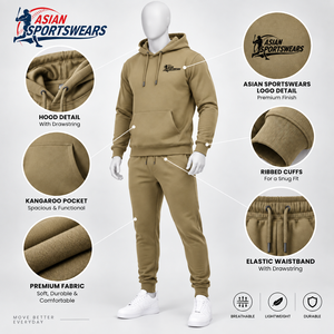 <b>Men's</b> Olive <b>Green</b> Hooded <b>Tracksuit</b> 100% Cotton Full Sleeve Solid Color Casual Jogging Set with Front Logo Print - Product Image 6