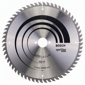 Disco de sierra circular Optiline Bosch con punta de carburo para madera, 250 mm de diámetro exterior, 60 dientes, 30 mm de diámetro del orificio, 3,2 mm de profundidad de corte - Product Image 1