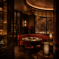 Meubles de restauration haut de gamme, banquette en cuir rouge, sièges de restaurant, table ronde de buffet intérieure, ensemble de chaises.