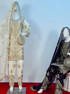 Impresionante colección 5 pantalones Georgette Dupattas para niñas 10 opciones de color Rhinestone lentejuelas diamante Jarkan piedra trabajo encaje - Product Image 5