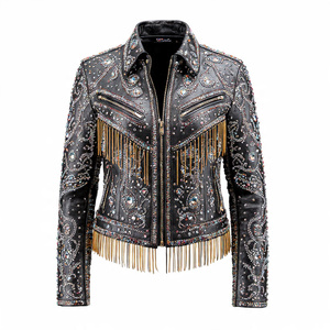 Chaqueta de motorista de cuero con diamantes de imitación de Letterman, ropa de moda para mujer, chaquetas de cuero con tachuelas plateadas para mujer - Product Image 4