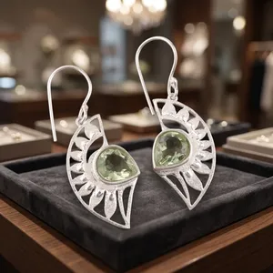Boucles d'oreilles pendantes Niharika Gems pour femmes en argent sterling 925, style bohème, avec améthyste sertie clos, motif floral, pour usage quotidien - Product Image 2