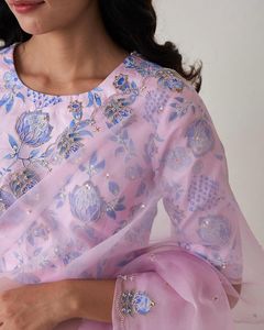 Beautiful <b>Organza</b> Saree Cover with Print All Over with Handcraft Work All Over Saree and <b>Silk</b> Blouse with Print & Work by Fabzon - Product Image 4