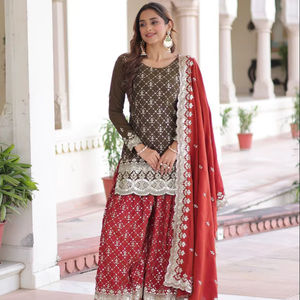 ชุดคุर्ติผ้าเนื้อนุ่มปักลายพิเศษสำหรับเดือนอีดและรอมฎอน ความยาวระดับเข่า พร้อมชุดชาราร่า พลาซโซ และผ้าคลุมไหล่ สำหรับผู้หญิงหรือเด็กผู้หญิง - Product Image 1