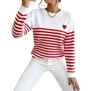 Women's Winter Knitted Striped Long Sleeve Crew Neck Casual <b>Heart</b> Print Soft Comfortable Slim Fit Fashion Daily Wear T-Shirt - Product Image 1