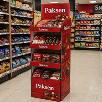 Présentoir de sol en carton imprimé à 4 niveaux pour barres chocolatées, confiseries, snacks, produits de consommation rapide (FMCG) et rayonnages POP de supermarché