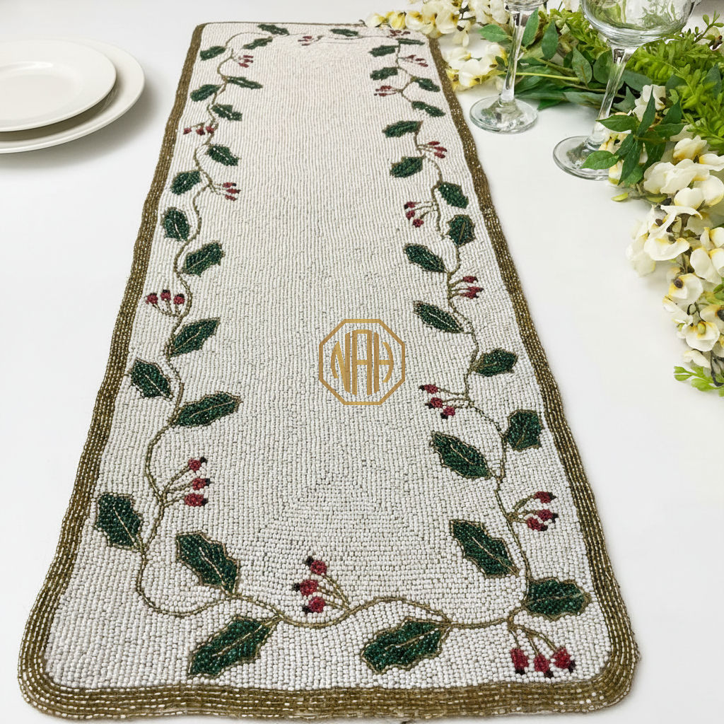 Embroidered Table Runner with Floral Design, Beige