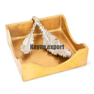 Handicraft Beautiful Brass Leaf Design Modern Luxury Decorative Stainless Steel Base Gold Branch Tissue Holder for Caterers - Product Image 3