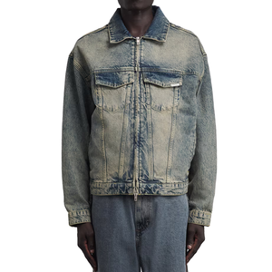Crack Wash Vintage Oversize Men Zipper Safari Jacket Lujoso azul Alta calidad Custom Stand Collar Front Logo Impermeable - Product Image 1