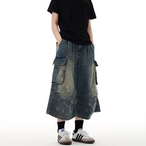 กางเกงขาสั้นผ้ายีนส์เอวสูงวินเทจของผู้หญิงกางเกงครอปขากว้างแนวสตรีทสีฟ้าย้อนยุคซักได้สำหรับฤดูใบไม้ผลิ - Product Image 1