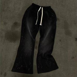 Pantalones Deportivos de Hombre Personalizados, Negros, Lavado Ácido, Estampado de Diamantes, con Pedrería, 100% Algodón, Estilo Hip Hop, Anchos, Holgados, Lavado a Máquina - Product Image 1