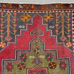 Vintage Turkish Rug, 4.2x9 ft Rug, <b>Red</b> Check <b>Wool</b> Rug - Product Image 5