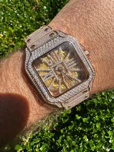 Montre pour homme en or jaune, style Hip Hop, sertie de moissanite et de diamants, boîtier carré, bracelet argenté, mouvement à quartz, montre de luxe et de style professionnel - Product Image 4