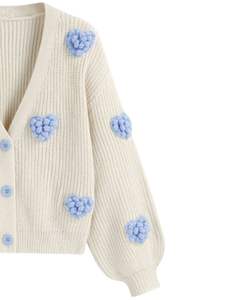 Manufacturer Custom Women White Knit <b>Cardigan</b> Sweater <b>With</b> Light Blue Heart Applique V Neck Button Front Cute Winter Fashion Top - Product Image 2