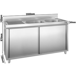 Meuble d'évier commercial PREMIUM - Acier inoxydable - 2000x700mm - avec 2 bacs à droite - Product Image 2