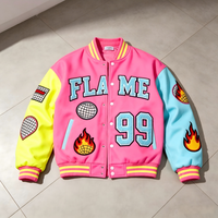 Veste universitaire rose personnalisée avec logo, manches contrastées, style Letterman, patch en chenille, streetwear Y2K, veste bomber, fabrication OEM