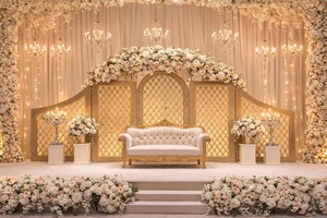 Scène de mariage de style moghol royal avec un toilettage complexe en Jaali, toile de fond métallique de luxe blanc et or sur le thème du palais pour la réception - Product Image 5