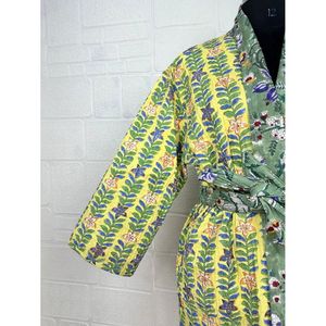 Kantha Reine Cotton Ladies Winter Coat XL Pastel Green Affe Tier Kimono Jacket with Feathers Reversible Short Length for Spring - Product Image 3