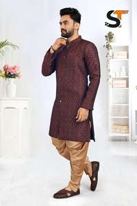 Maruti moda hombres Manyavar estilo nuevo diseño Indowester tela pesada Jacquard en relieve Kurta terciopelo Dhoti boda fiesta desgaste - Product Image 4