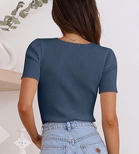 Nouveau t-shirt d'hiver à col rond à manches courtes pour femmes chemises pull en tricot côtelé Slim Fit Basic Solid Casual Tee Tops de BD - Product Image 2