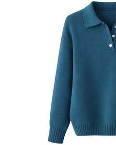 Custom Womens Polo Collar Knit Sweater Teal <b>Blue</b> <b>Long</b> <b>Sleeve</b> Pullover Soft Winter Casual <b>Top</b> For Daily Wear Wholesale Fashion - Product Image 3