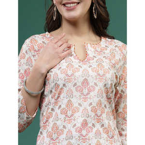 Kurtas droits imprimés blanc cassé pour femmes, hauts modestes - Product Image 6