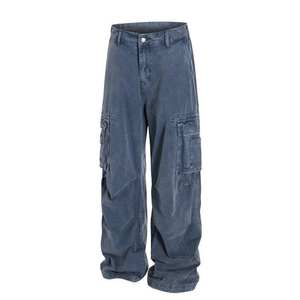 Pantalon de travail bleu rétro vintage pour hommes 100% coton ample jambe droite jeans décontractés multi-poches Style français couleur unie taille - Product Image 6