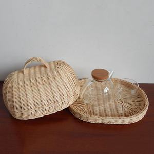 Handwoven Rattan Food Cover <b>Basket</b> Set - Decorative Wicker Serving <b>Tray</b> with Lid for Bread, Pastries, and Fruits - Product Image 3