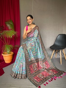 Ropa de boda de diseñador de aspecto elegante, Malai sari de algodón puro con blusa con estampado y fabricante de trabajo Kalamkari DE LA India - Product Image 5