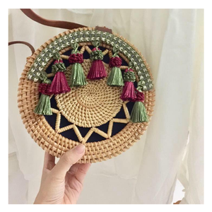 Bolso Tote Tejido a Mano, Bolso de Ratán, Bolso Redondo de Paja Tejida, Venta al por Mayor, Nuevo Diseño, Vietnam, Natural, para Mujer, Clásico, con Flores - Product Image 3