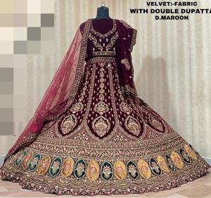 Venta al por mayor asombroso dorado granate doble Dupatta Jacquard terciopelo seda nupcial Lehenga exquisito bordado en precio barato - Product Image 6