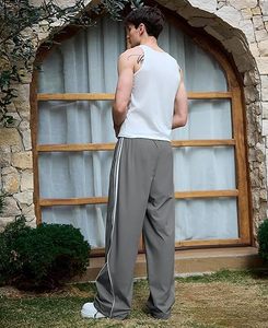 Men's Midweight 100% Cotton Track Pants 2025 Straight Baggy High Anti-Wrinkle Acid Wash Summer Vacation Casual <b>Elastic</b> Zipper - Product Image 4