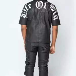 ชุดเสื้อเชิ้ตหนังแขนสั้นแบบซิปปักลายสกรีนตามสั่งสำหรับผู้ชาย และกางเกงขาบานทรงพองแบบซ้อนผ้า PU สำหรับผู้ชาย - Product Image 6