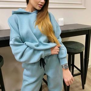 Femmes grande taille 100% coton survêtement ensemble solide motif hiver Fitness vêtements-sweat à capuche pantalon usine en gros de point joueur - Product Image 1