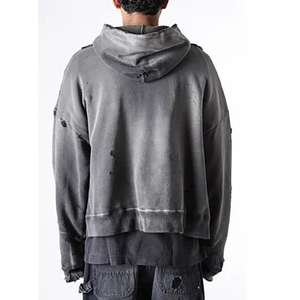 Vente en gros d'épaules tombantes élégantes au design unique Délavage à l'acide solide Hiver Sweats à capuche avec fermeture éclair de haute qualité Poids lourd - Product Image 6