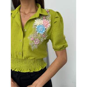 Topshow - Blusas de Lino con Estampado Floral de Pistacho para Mujer, Elegantes Blusas con Estampado Floral - Product Image 2