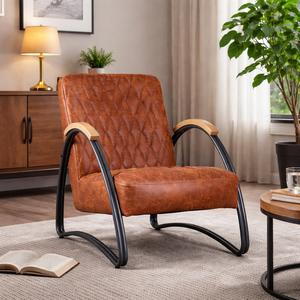 เก้าอี้พักผ่อนหนังแท้สไตล์เชสเตอร์ฟิลด์อุตสาหกรรม ดีไซน์โมเดิร์นกลางศตวรรษ โครงโลหะวินเทจทำมือ เหมาะสำหรับบ้านพักตากอากาศ - Product Image 2