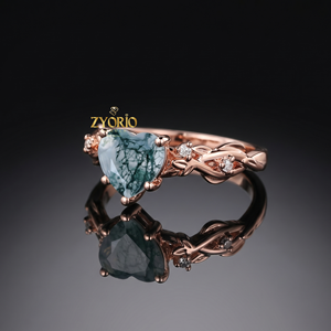 Anillo de compromiso de oro de 14 quilates con ágata musgosa en forma de corazón y diseño de infinito retorcido para novia - Product Image 1