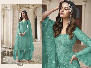 Vêtements de fête de mariage de qualité supérieure, filet lourd brodé et codage, vente en gros Salwar Kameez de Surat - Product Image 4