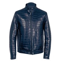 Blouson Bomber Homme Bleu en Cuir PU Gaufré, Col Montant, Fermeture Éclair, Coupe Slim, Manches Classiques, Hiver, Séchage Rapide