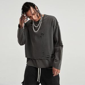 Sweat-shirt à capuche vintage pour homme, style streetwear, déchiré, en molleton 100% coton, brodé de perles, couleur unie, coupe oversize, logo personnalisé, été - Product Image 4