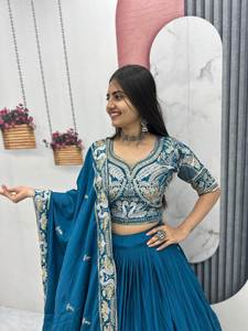 Lehenga étnico de tela de seda chinon ligera, fácil de llevar, con bordado elaborado, estampado digital y un toque de lujo / Plus Color - Product Image 3