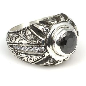 <b>925</b> Sterling <b>Silver</b> Men's <b>Ring</b> Turquoise Onyx Zircon Stones Hand-Engraved Bezel Setting Rhodium for Everyday Wear Certified IGI - Product Image 5