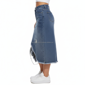 Jupe en jean asymétrique déchirée et délavée pour femme, nouvelle collection, coupe mi-longue, ourlet brut, style sexy - Product Image 4