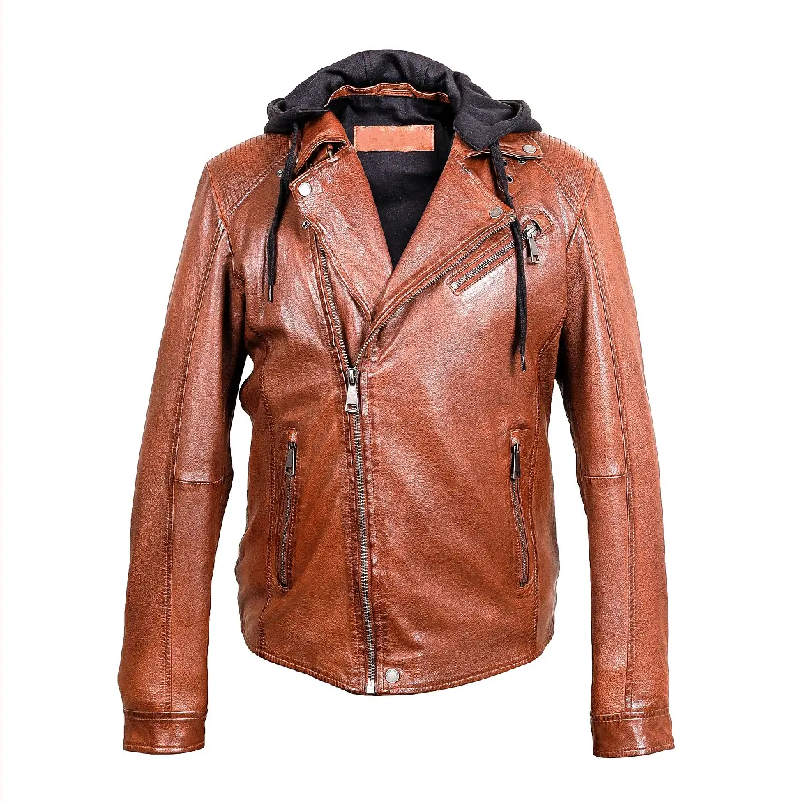 2023 Latest Women Black Leather Cropped Leather Coat Collar Zipper With Hoodie Leather Jackets