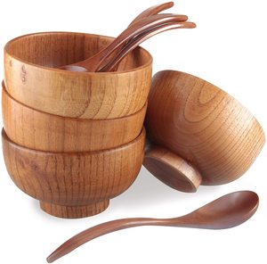 Ensemble de plateaux de service en bois d'acacia naturel, saladier en bois massif avec vaisselle en acier, fourchette et cuillère pour usage domestique - Product Image 1