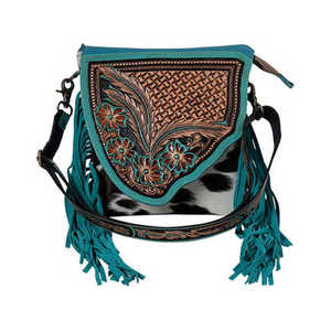 Bolso Bandolera GangesGrain Preppy Vintage Bohemio Turquesa con Flecos de Plumas, Diseño Geométrico, Cuero Genuino, Cierre de Cremallera para Mujer - Product Image 1
