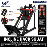 Machine à squat incliné commerciale à 45 degrés, rouge, avec chariot, triple coussin, à charge par plaques, barre de guidage chromée, tube ovale en acier de 2,5 mm, pour salle de sport