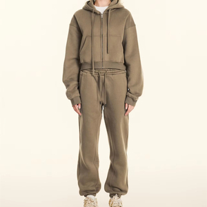 Women Autumn Printed Khaki Full Zip Hoodie <b>Jogger</b> Set Oversized <b>Crop</b> Sweatshirt Trackstar OEM Private Label - Product Image 1